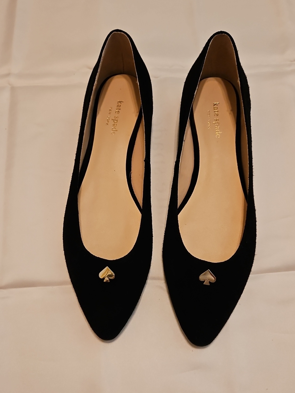 kate spade Black Pointed-Toe Suede Flats with Gold Spade Accent. Size 10 1/2.